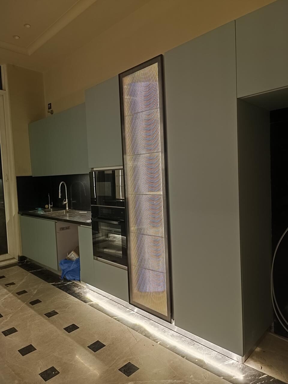 Sage green kitchen ribbed glass Gurgaon