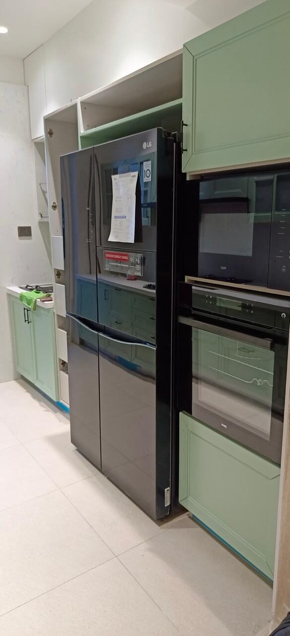 Sage green appliance column kitchen Gurgaon