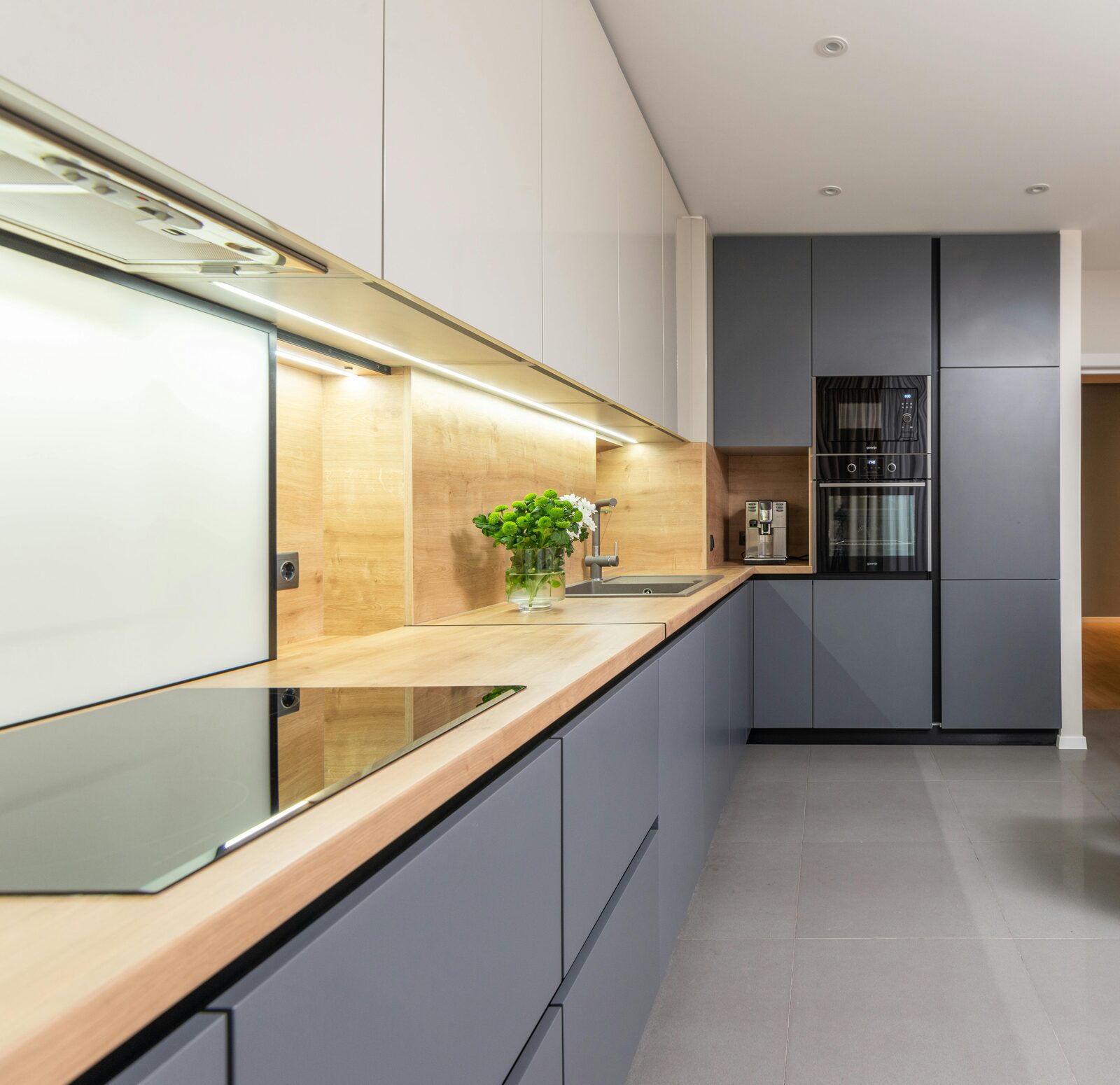 Grey wood galley kitchen LED Gurgaon