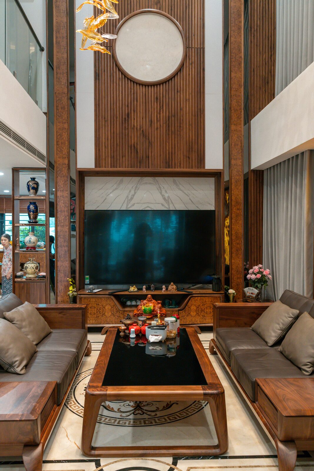 Walnut panel TV wall living room Gurgaon