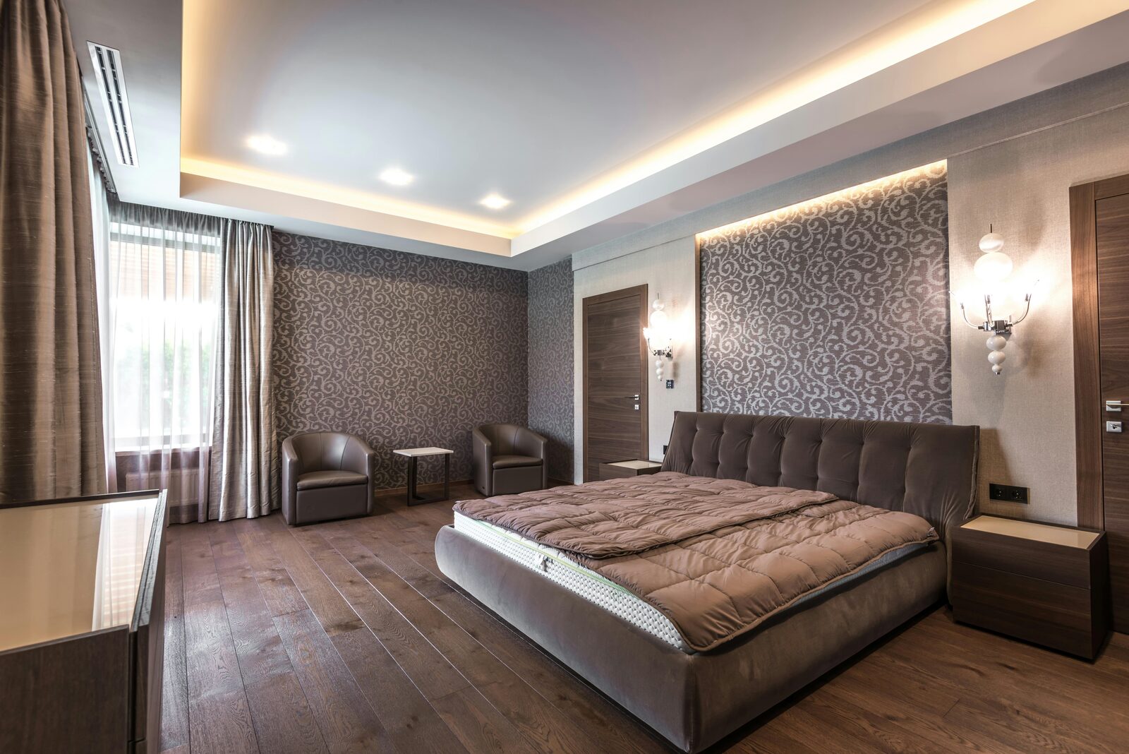Dark scrollwork wallpaper bedroom Gurgaon